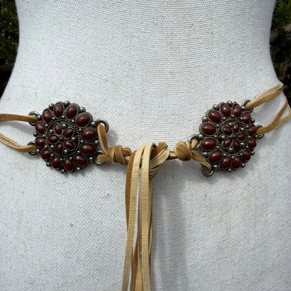 Western Concho Tie Belt Tan Suede Cord Faux Stone Medallion Boho Womens